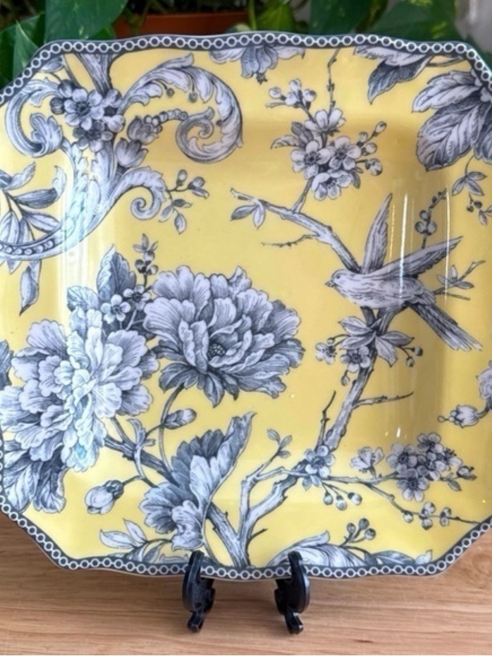 222 Fifth Adelaide Yellow Porcelain 8.5” Toile Floral Salad Plate Set of 2 - Picture 6 of 6